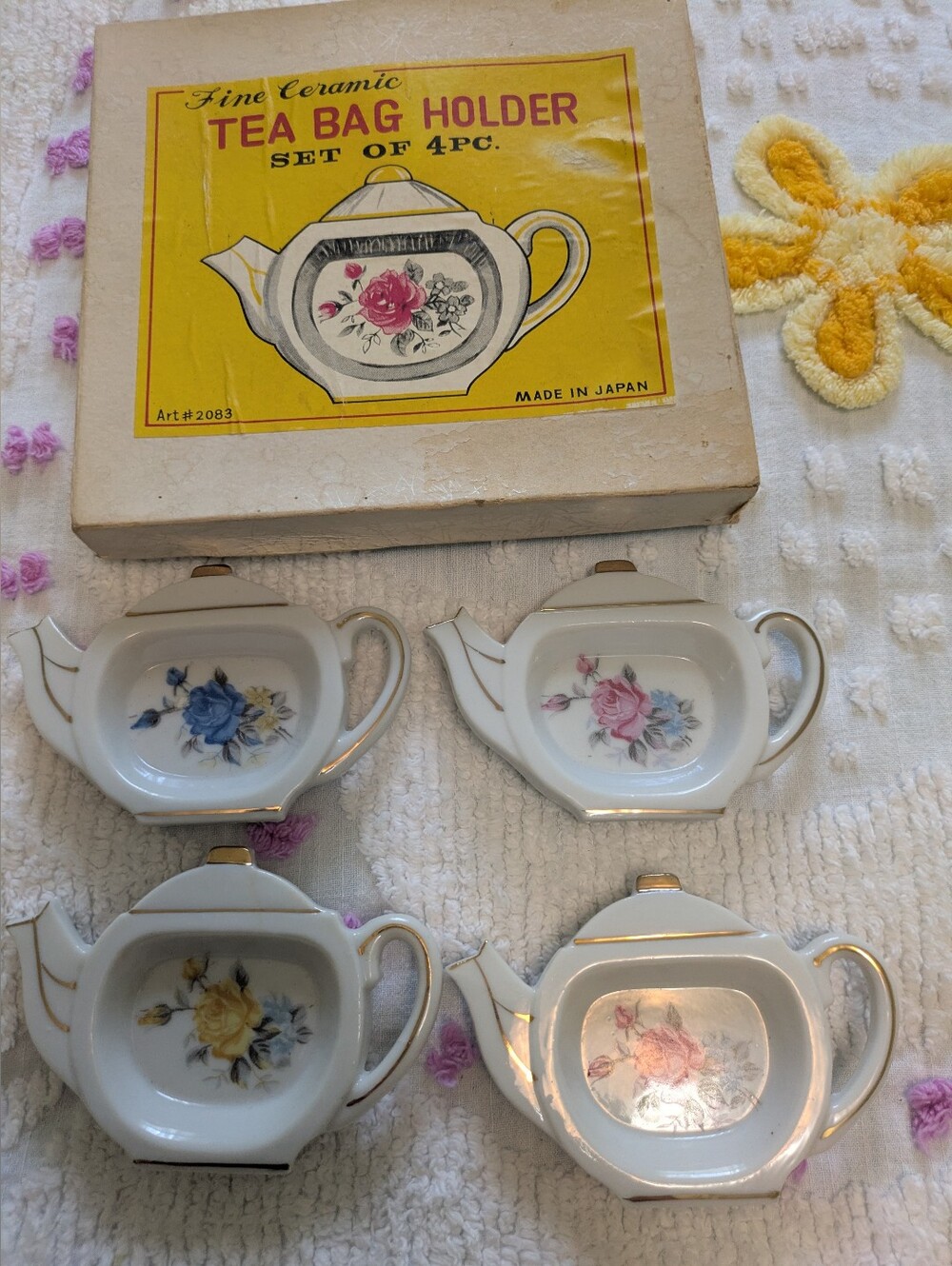 4 Vintage Ceramic Tea Bag Holders- Floral Ceramic with Gold Trim Original Box